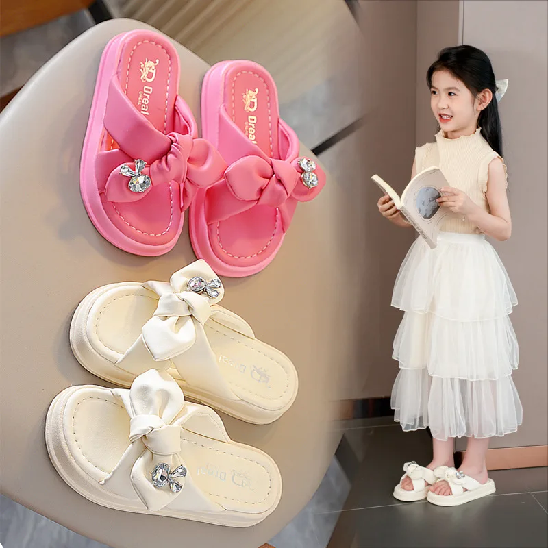 Girls Korean Style Trendy Slippers 2024 Summer New Fashion Soft Soled Anti-slip Slippers Cute Bow Princess Sandals Girl\'s Shoes