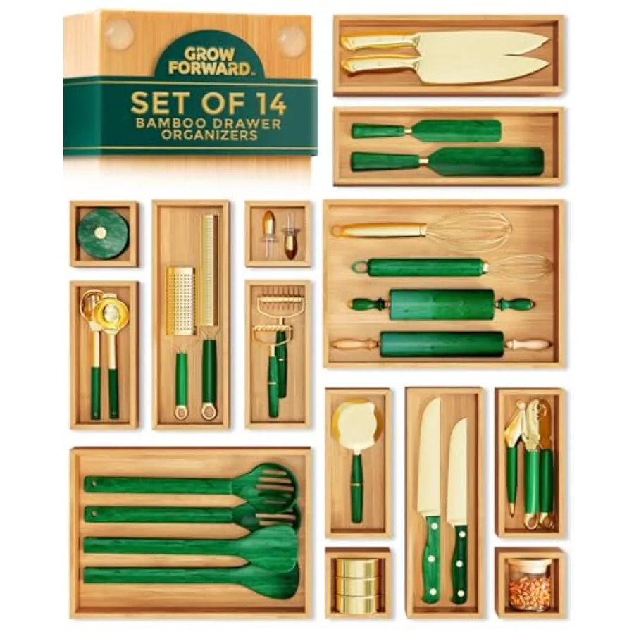 

Bamboo Drawer Organizer Boxes - Set of 14 Wooden Drawer Organizers for Kitchen Bathroom Office Desk Vanity Makeup - Non-Slip Ju