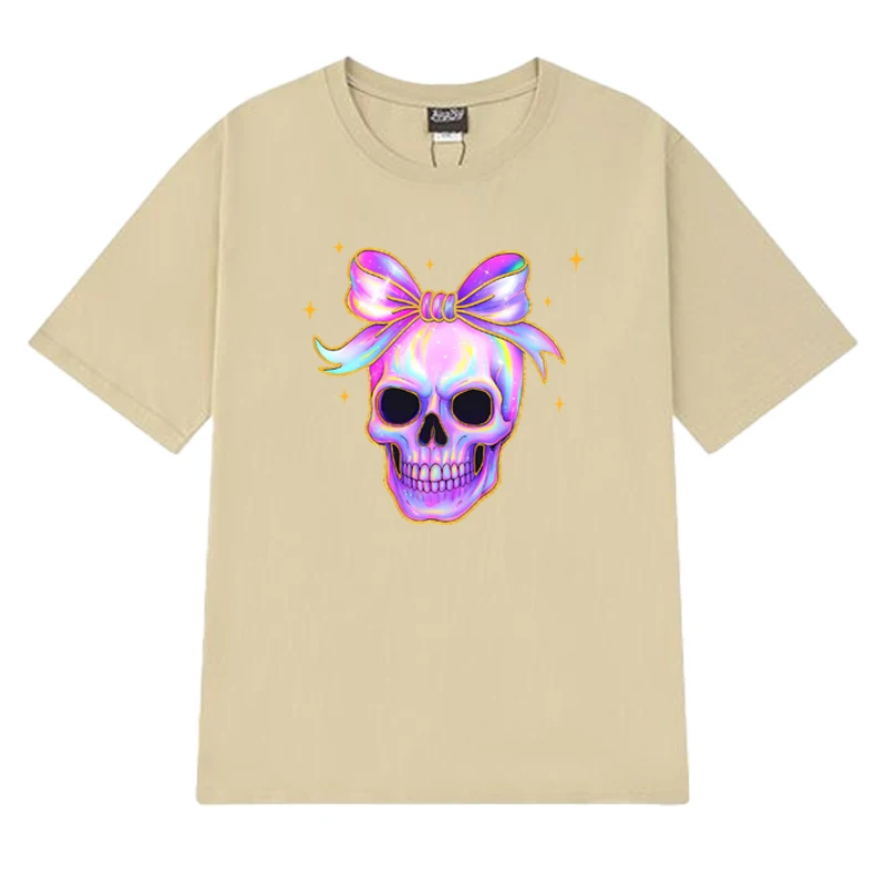 2025 Hochwertige schillernde Totenkopf-T-Shirts für Männer und Frauen, Halloween, Vintage, übergroße Tops, Unisex, 100 % Baumwolle, kurzärmeliges T-Shirt