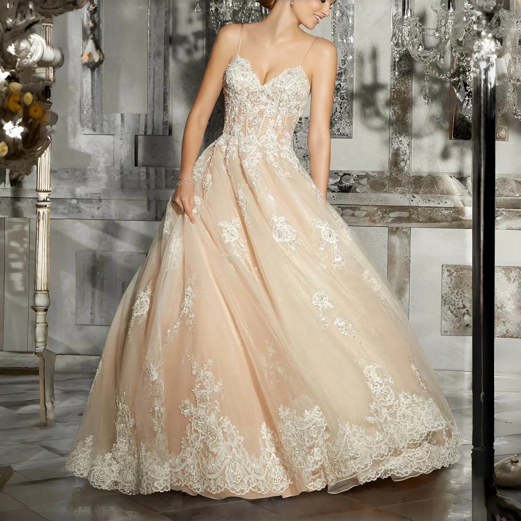 Spaghetti Strap Deep V Champagne Ball Gown Wedding Dress Rhinestone Lace Corset Back Lace Up Floral Scallop Hem Luxury Customiza