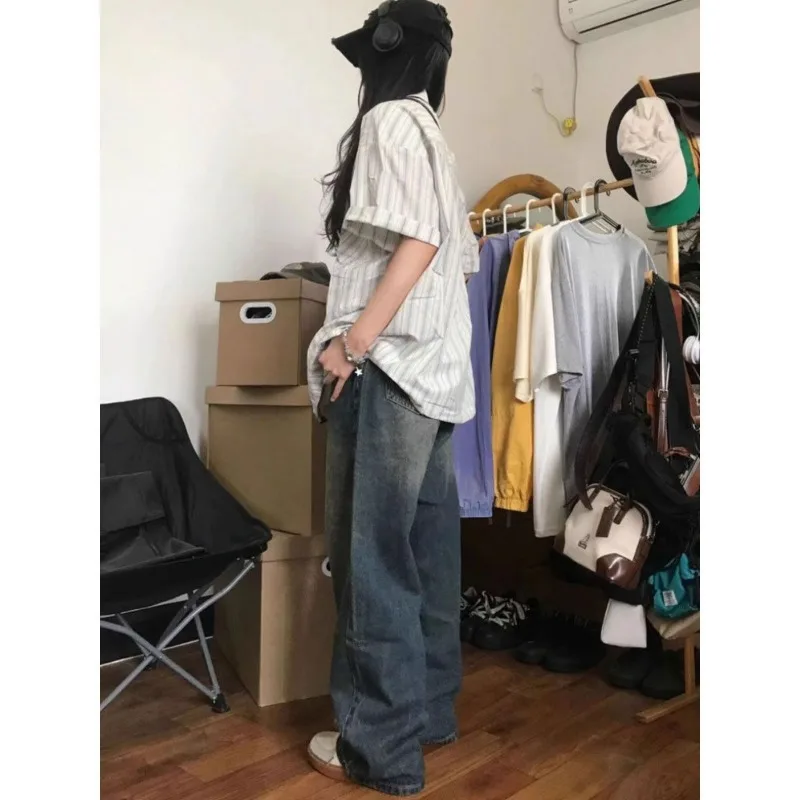 Stripe Oversized Short Sleeve Shirt Woman Japanese Vintage Button Up Blouses Summer Harajuku Fashion Casual Korean Style