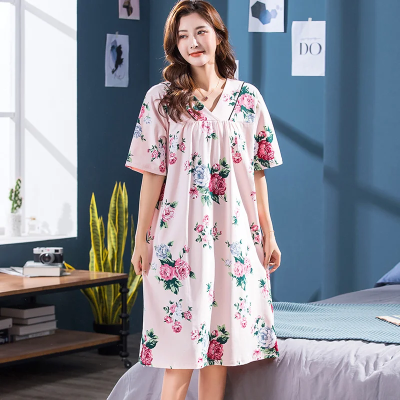 

2022 Summer Small Floral Night Dress Women Nightgown Big Yards 3XL Sleepshirts Short-sleeves Nightie Nightdress Cotton Sleepwear