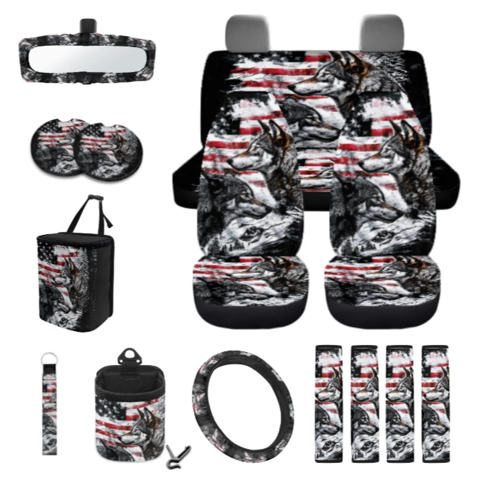 Coloranimal Flag Wolf 15pc Front Back Seat Covers Light Soft Car Seat Covers Compatible with Truck Daily