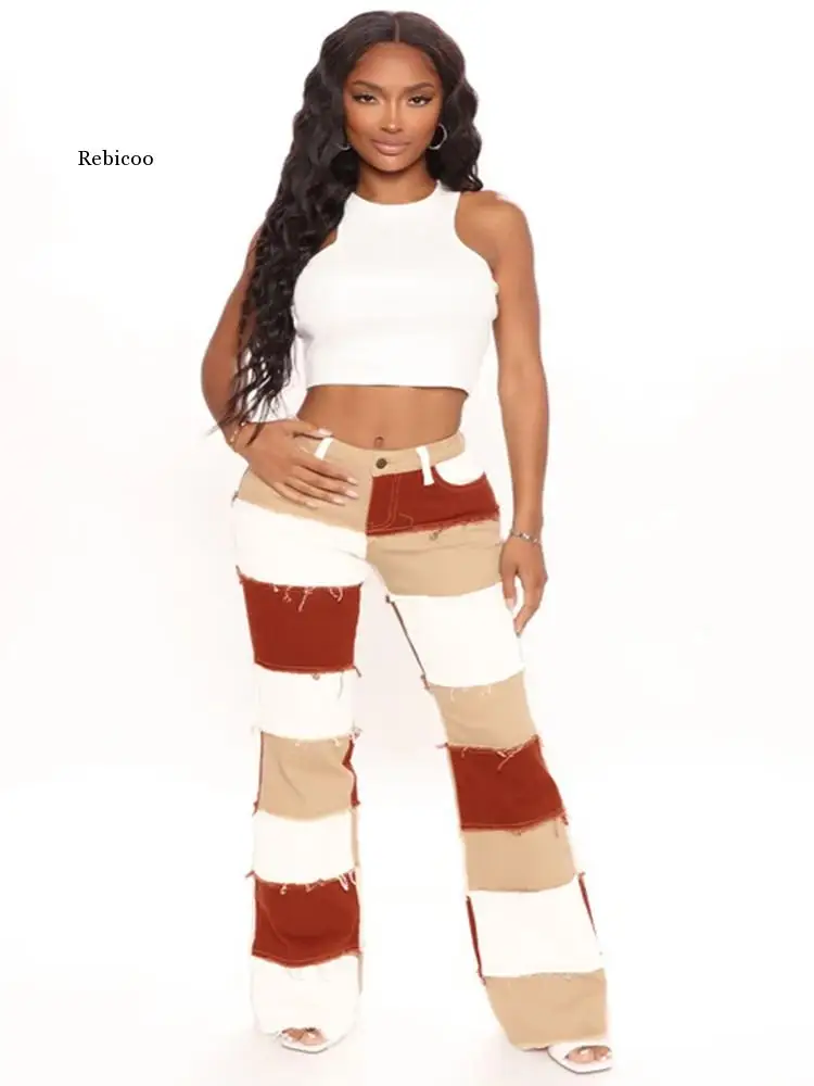 

2021 Winter New High Waist Flare Jeans For Women Fashion Stitching Denim Pants Street Trendy Skinny Lifting Butt Trousers