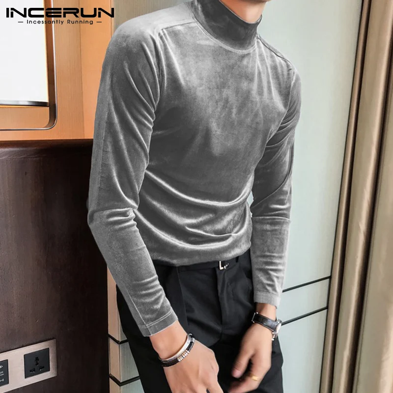 INCERUN 2024 Men T Shirt Velour Turtleneck Long Sleeve Leisure Undershirt Solid Color Streetwear Fashion Casual Tee Tops S-5XL