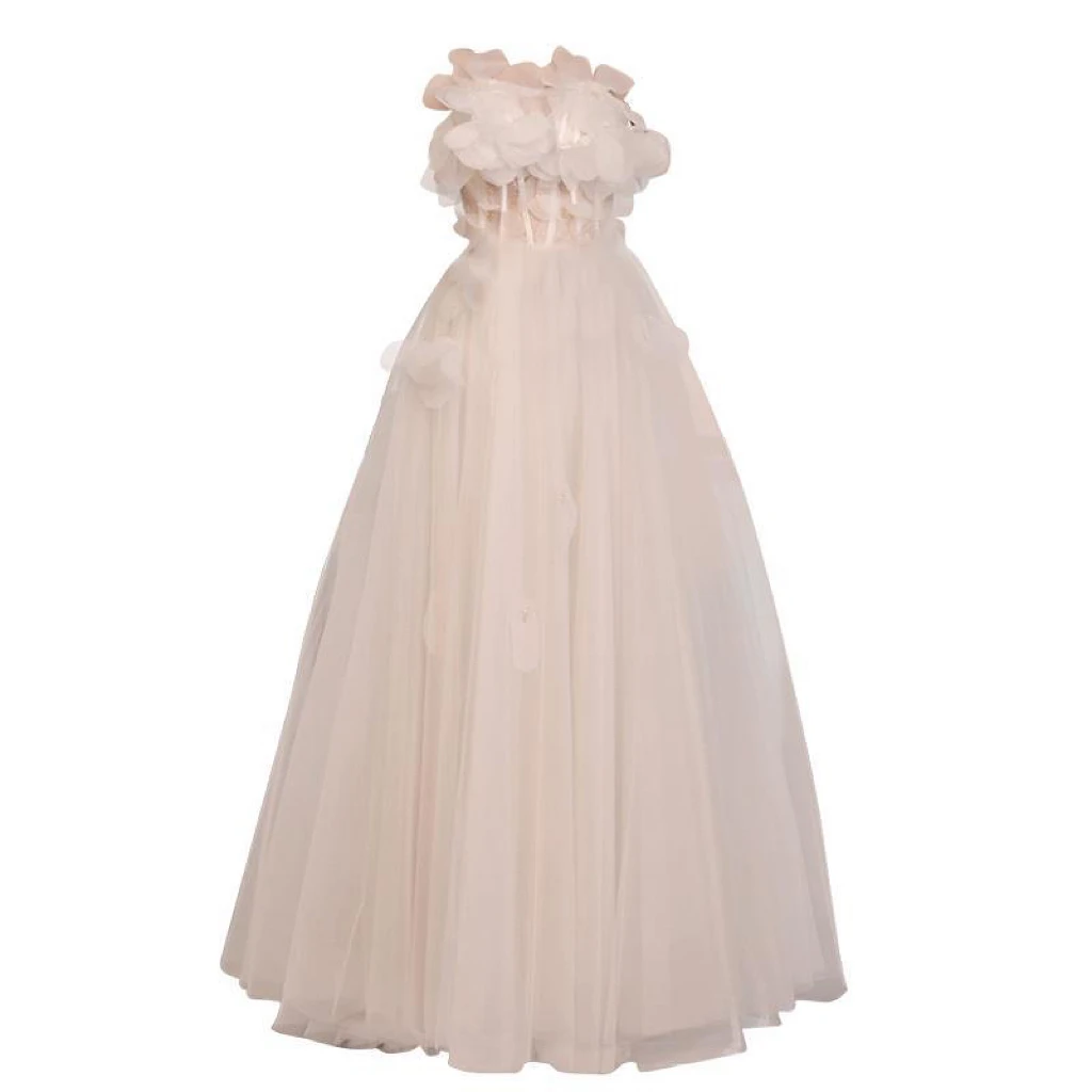 Off White Strapless Prom Jurken Boothals Mouwloze 3D Applicaties Vintage Tulle Een Lijn Slanke Vrouwen Elegante Partij Jassen 2023 nieuwe