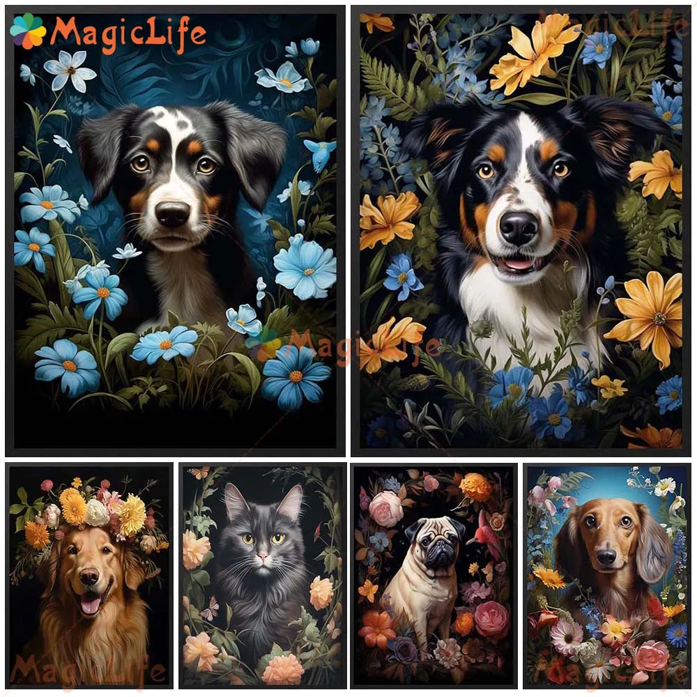 

Custom Cat Pet with Flowers Animals Dog Poster Wall Art Canvas Painting Posters Wall Pictures For Living Room Decor Unframed
