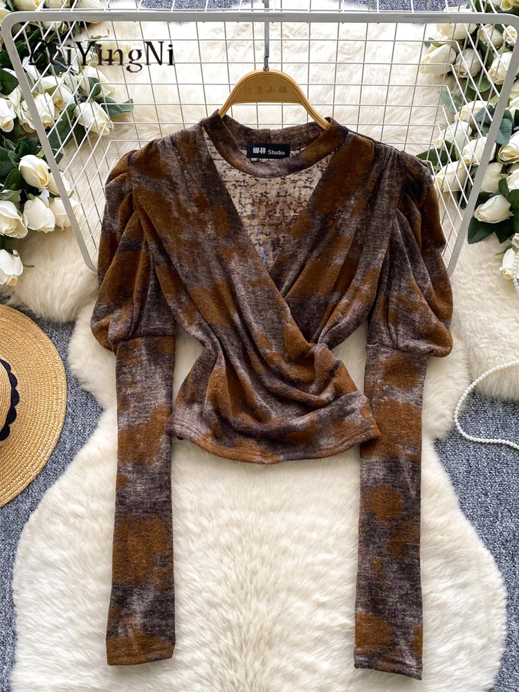 

Beiyingni, весенне-осенняя женская футболка с рюшами, французские винтажные футболки с тонкой талией, цветные футболки, женские черные укороченные топы с v-образным вырезом