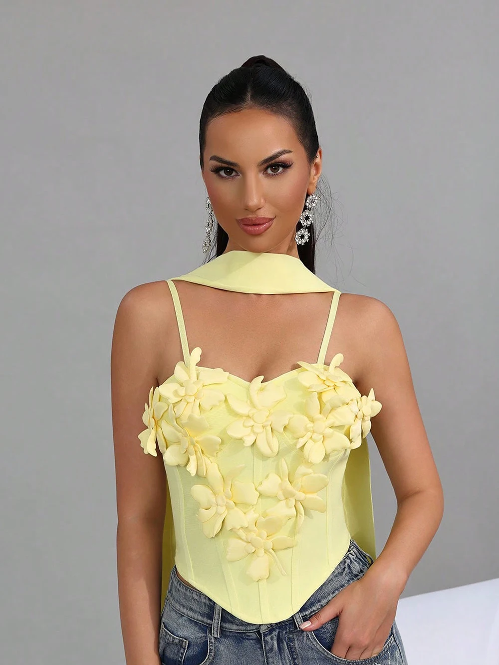 

Modphy Sexy Splice Appliques Sling Fishbone Top With Ribbon Solid Flowers Backless Party Nightclub Birthday Bandage Tank Top
