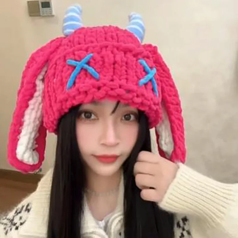 Hand-Crocheted Devil Horn Knit Hat Fashionable Winter Warm Soft to the Touch Long-Eared Rabbit Design Trendy Unique Beanie 1