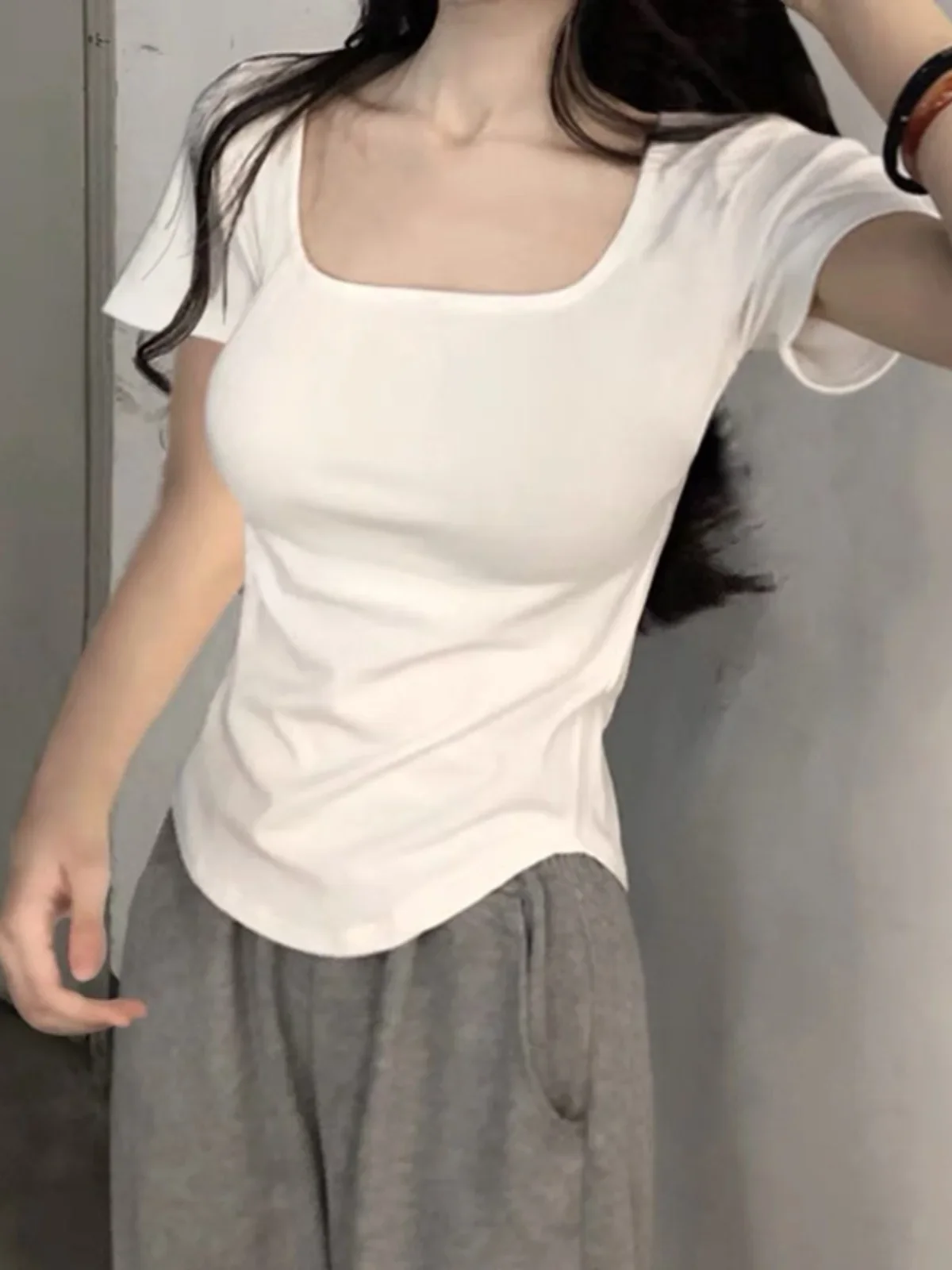 

Summer New Size Square Collar ort Sve T-irt Women's Slim Fit Asymmetrical White Color Korean Version Top