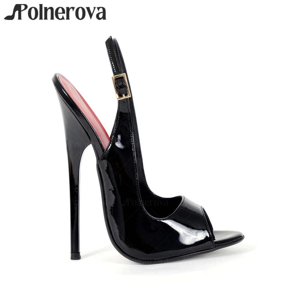 

Black Patent Leather Extreme Sling Sandals 16cm Lacquered Empire Large Size High Heels for Women Sexy Style Customizable Sandals