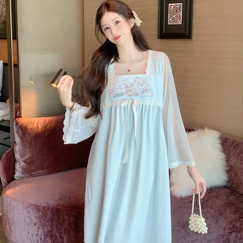 New Chinese Style Pajamas Spring Thin Modal Sleepwear Square Neck Hanfu Long Sleeved Nightgown Sweet Home Suit Women's Clothing