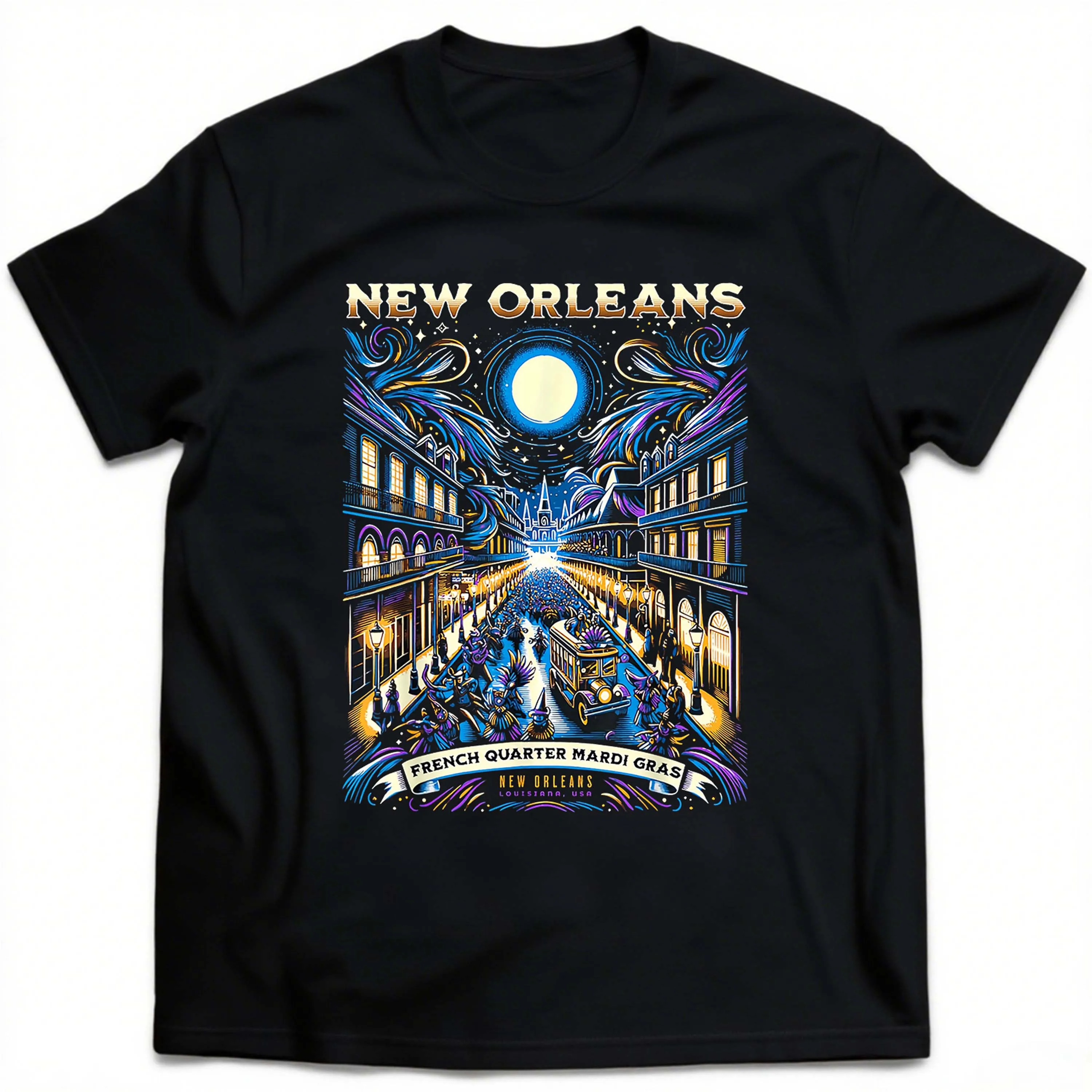 Camiseta de algodón negra de talla grande con patrón de Mardi Gras de Nueva Orleans adecuada para ropa de ocio al aire libre en verano