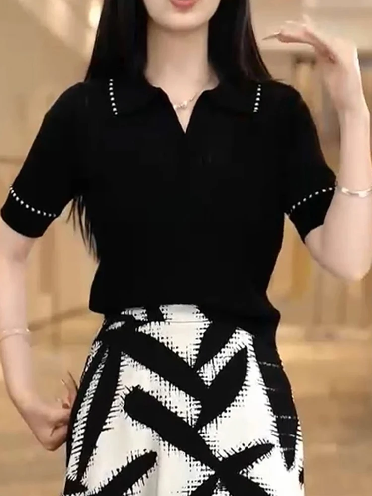 

Design Sensation Утягивающий вязаный топ из ледяного шелка, женский модный универсальный летний тонкий откидной воротник, корейский слей