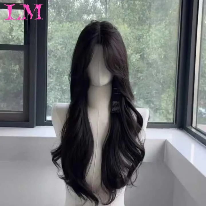 LM Brown Black Wig Women Long Curly Hair Korean Style S-parted Wig Cosplay Temperament for Daily Use Lolita Black Synthetic Wig