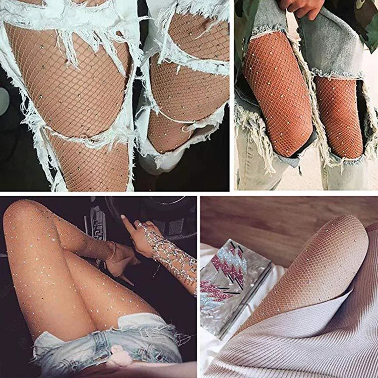Female Fishnet Diamonds Shiny Pantyhose Women Sexy Fashion Glittering Net Tight Female Slim Rhinestone Mesh Nylon Flash Stocking