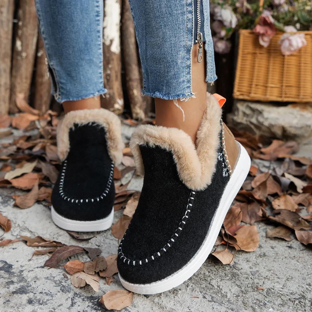 Winter Women Short Boots Round Toe Fashionable Comfortable Bag Heel Cotton Shoes British Style Flanged Casual Boots Plus Size