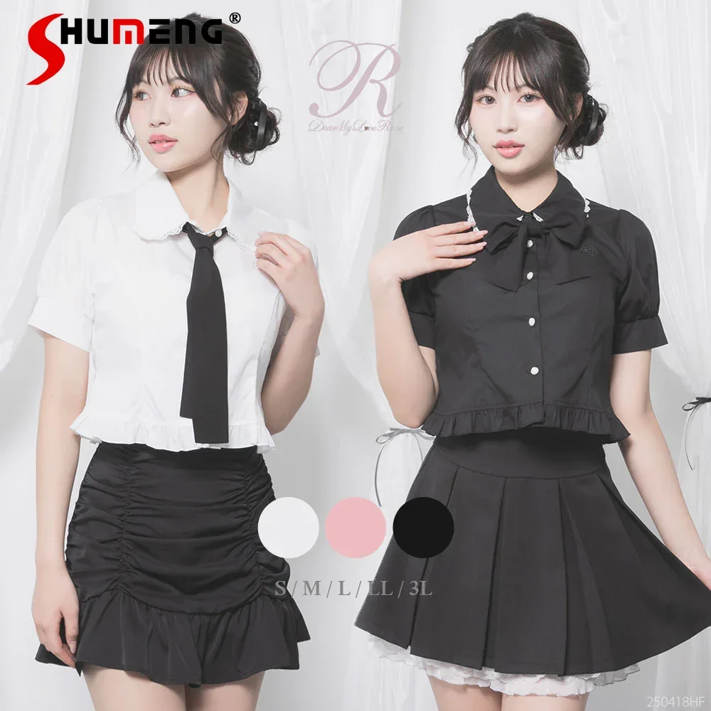 

Japanese Elegant Versatile Solid Color Blouse Doll Collar Short Sleeve Sweet Lace-up Bow Single Breasted Crop Shirts Tops Women