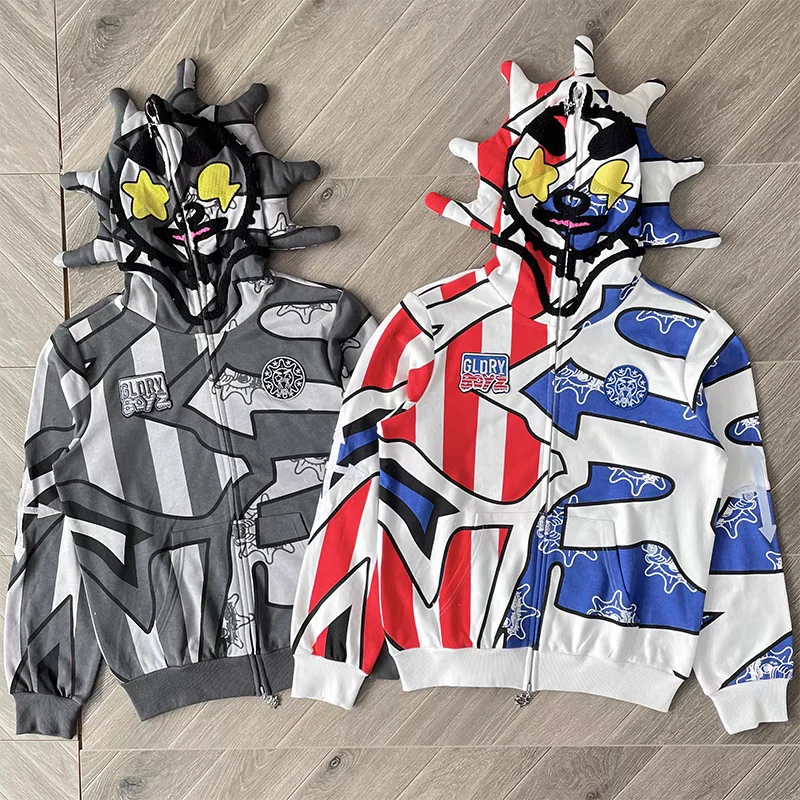 Glo Gang The Glory Full Zip Hoodie Men Women 1:1 High Quality Beverage cartoon printed embroidered zipper Oversize Hooded