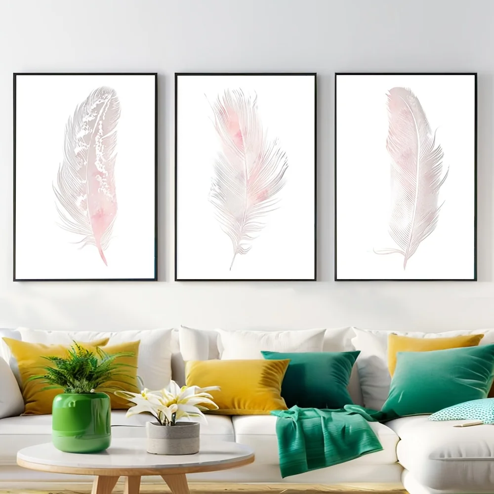 3pcs Pink & Grey Feather Watercolor Wall Art Posters - Soft Pastel Pigeon, Peacock & Ostrich Feather Paintings, 3-Panel Canva