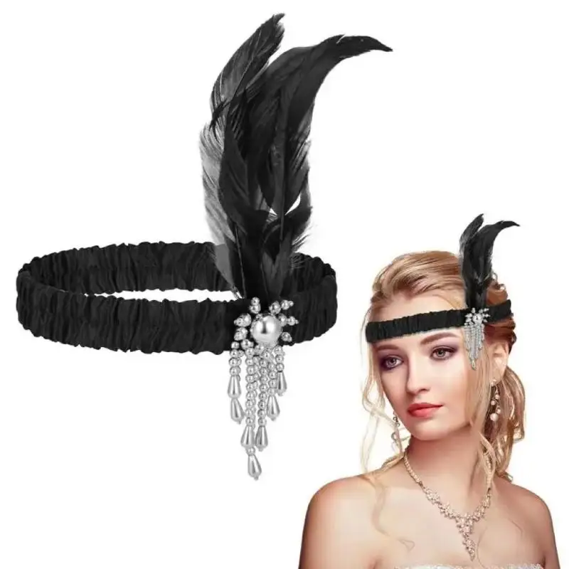 Women's Black Hair Accessories Beaded Hair Band 1920s Retro Gatsby Single Party Ladies Headwear Dress UP Feather Headband view 2