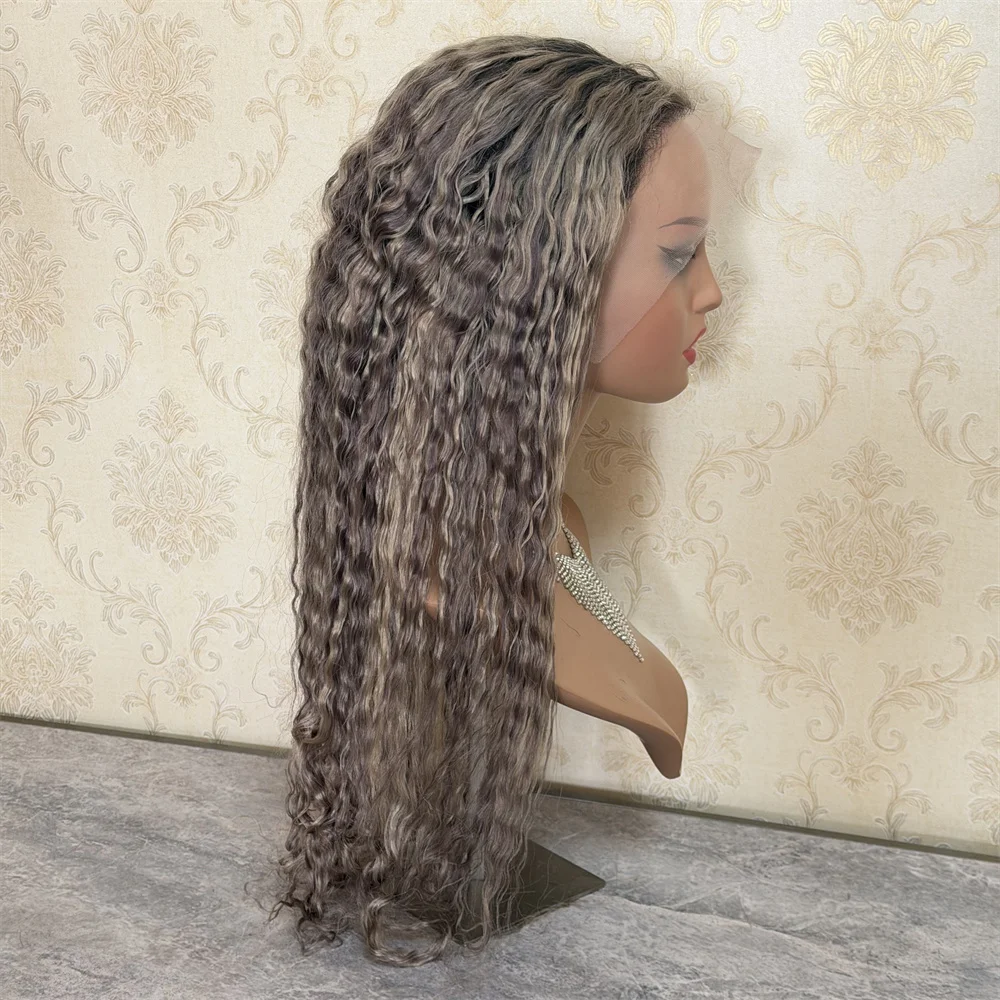 28 Inch Grey Blonde Highlight Curly Lace Front Wig Human Hair Wigs Deep Wave 13X6 Hd Lace Frontal Wig Pre Plucked 150 Density