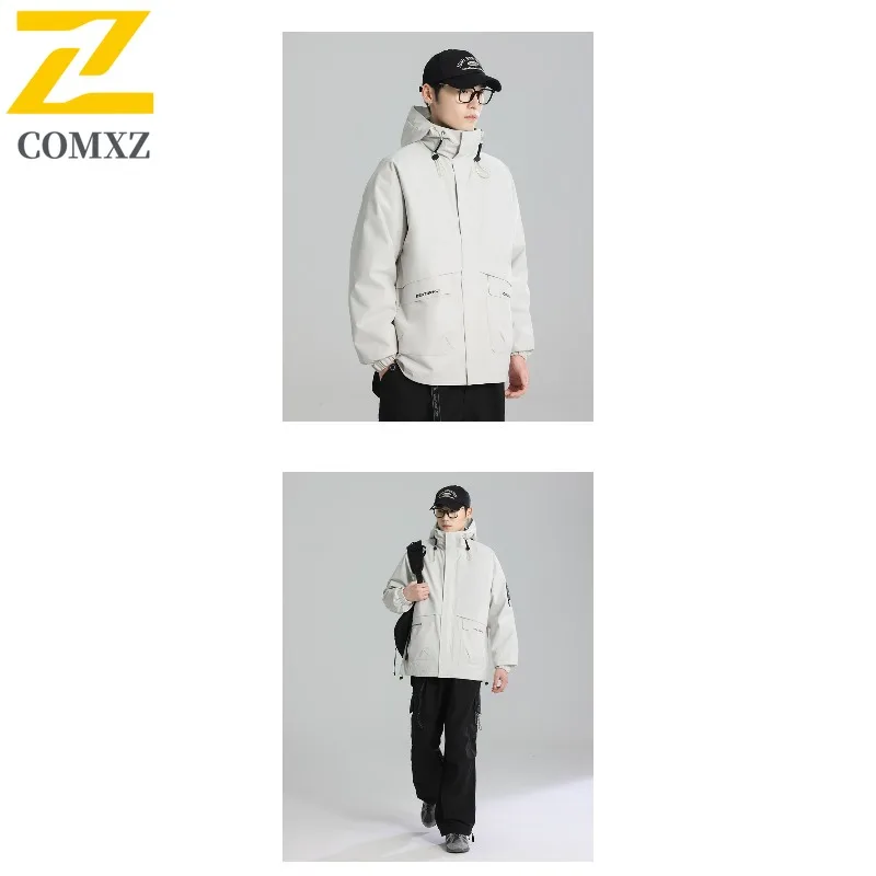 COMXZ Men Puffer Jacket 2025 Sport Hooded Ski Travel Warm Windproof Hiking Cotton Padded Jacket Lightweight Street Padding Coat