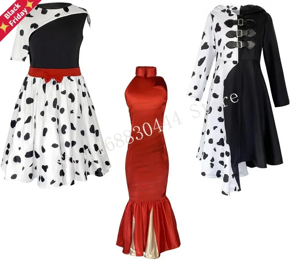 Anime Movie One Hundred And Dalmatians Cruella De Vil Cosplay Costume Hooded Printing Dress Red Longuette Woman Children Suit