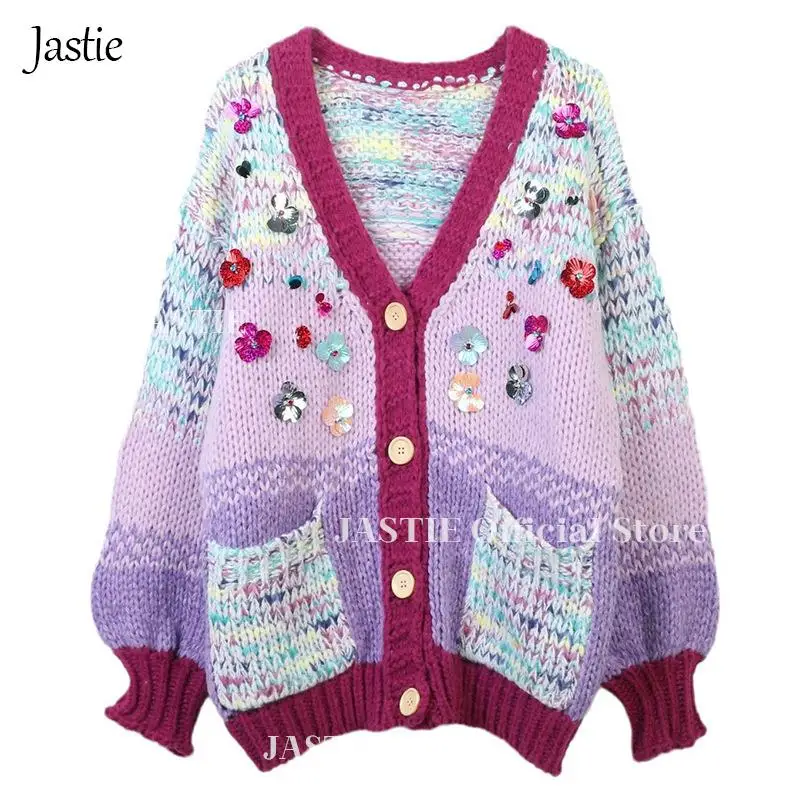 Jastie Sequined Flowers Loose Sweet Knitted Cardigan Top 2023 Autumn And Winter New V-neck Long-sleeved Sweater Cardigan Coat