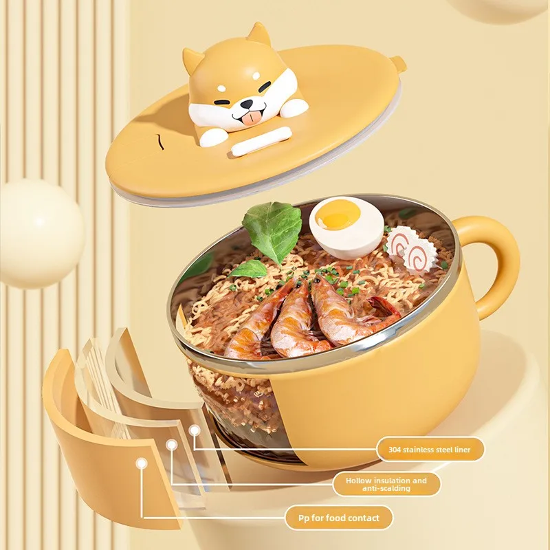 

1.2L Ramen Bowl Animal with Lid and Spoon Stainless Steel Instant Noodle Fruit Salad Rice Soup Bowl Lunch Box Kitchen Accessorie