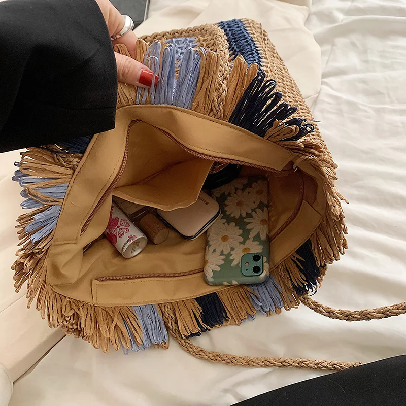 Striped Beach Straw Bag Large Capacity Shoulder Bag For Women Handmade Woven Handbag Raffia Rattan Bag Vacation Casual Tote Bag