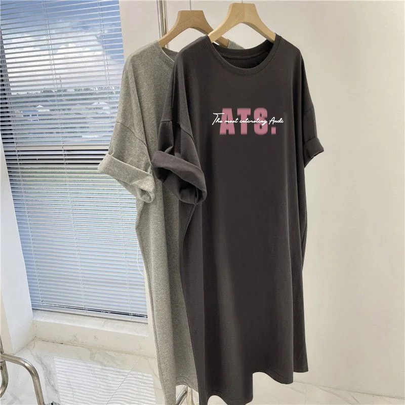 Summer Y2k Letter Printed Knee Length Tunic, Casual Loose Dresses, Women Clothing O-neck Short Sleeve Straight Dress