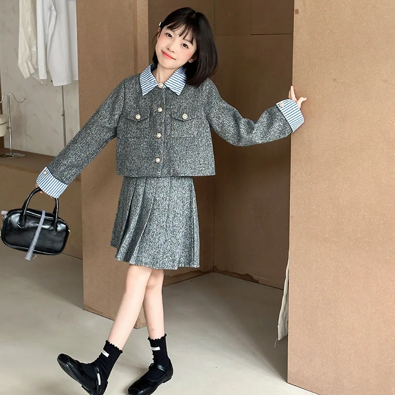 

French Design Teenage Girls Clothes Set Splicing Collar Jacket+pleated skirt 2p junior kids suit child outfits conjunto infantil