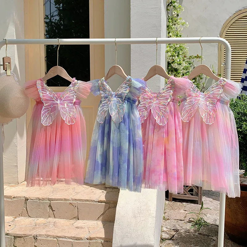 Girls Casual Dresses Colorful Wing Mesh Girl Princess Dress Slip Dress Summer Style Fly-sleeve Children's Dress Kids Dresses