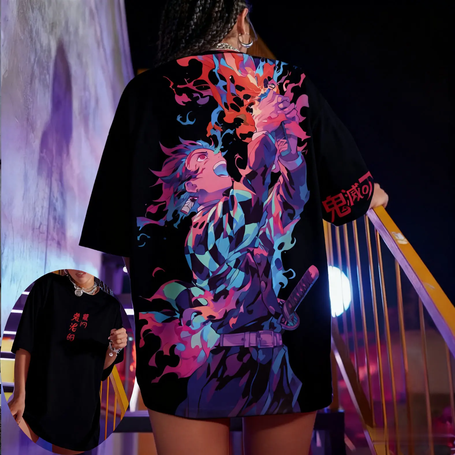 Demon Slayer-Camiseta informal de manga corta con cuello redondo para mujer, Top deportivo cómodo de gran tamaño para primavera y verano