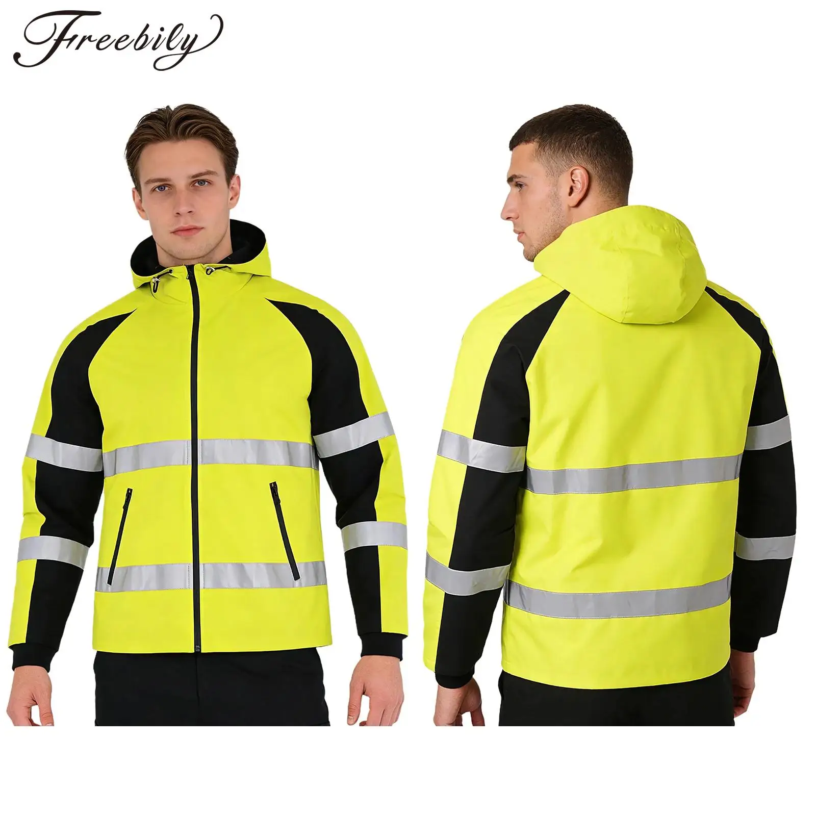 

Men Waterproof Hooded Jacket Hi Vis Reflective Windproof Safety Work Coat for Construction Sanitation Traffic Control Rainy Day
