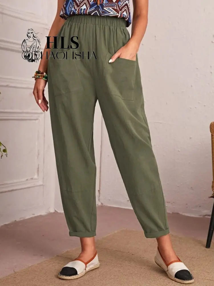 

Women's Pants New In Korean Fashion Thin Cotton High Waist Ankle Trousers Elastic Waist Casual Pocket Small Feet Pants for Women