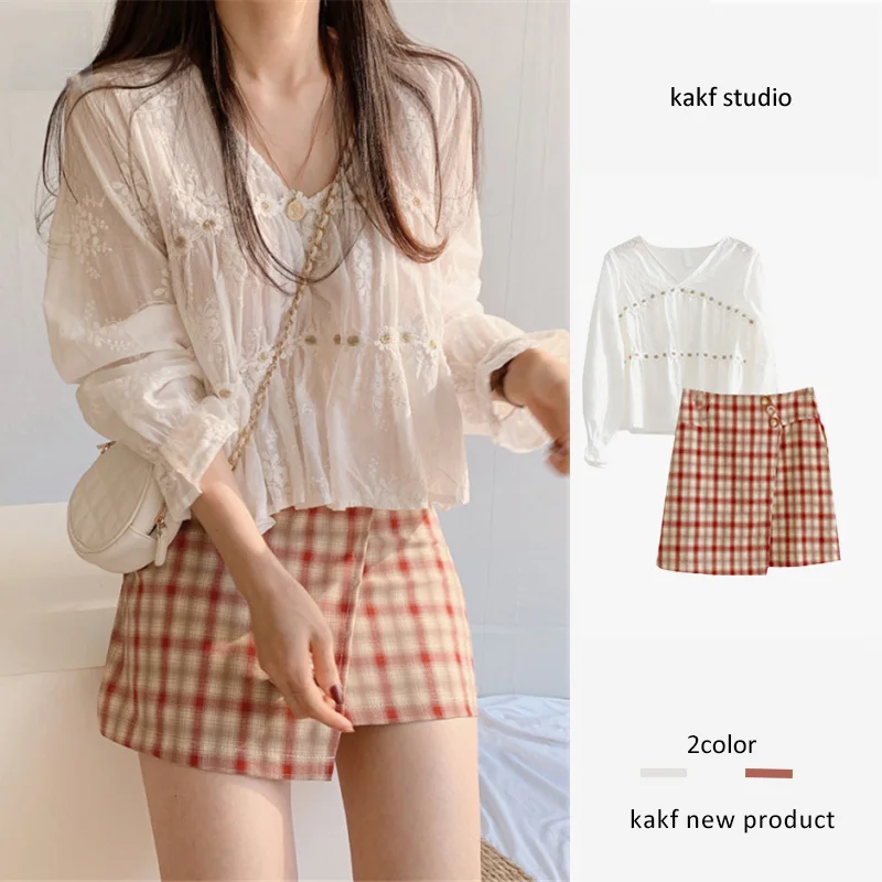 

Early Spring 2024 Sweet Gentlewoman's Outfit White Lace irt High Waist Plaid Skirt Set V-ne Long Sve Commute Sle