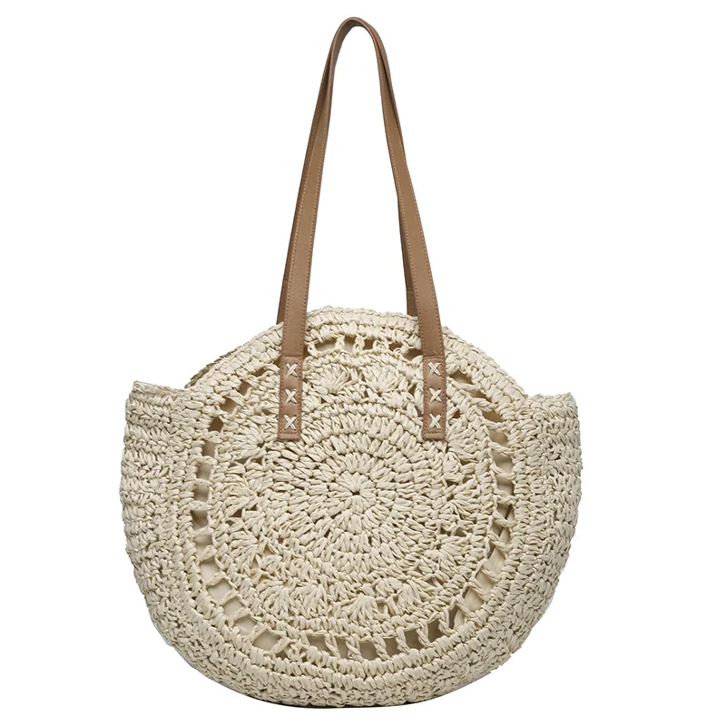 Bohemian Hollow Out Straw Women Shoulder Bags Woven Round Lady Handbags Casual Handmade Summer Beach Tote Bag Big Shopper Purses