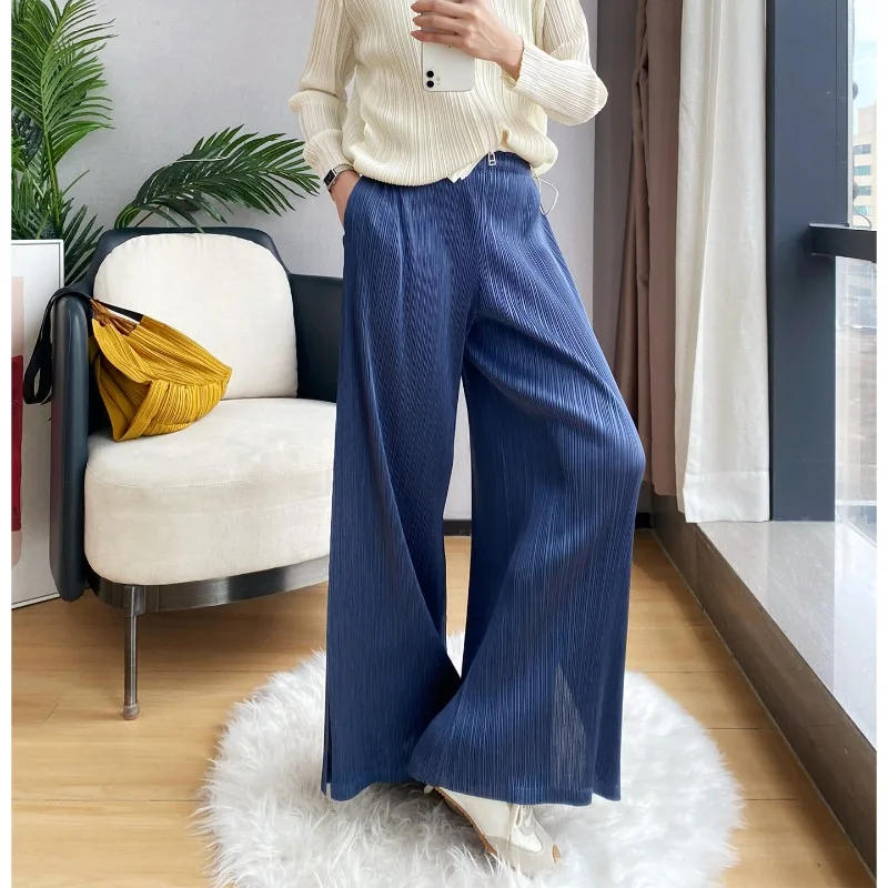  Pleated Slit Wide-Leg Pants 2026 Autumn New Simple Casual Fashion Elastic Waist Straight Drape Stretch Long Pants Women's
