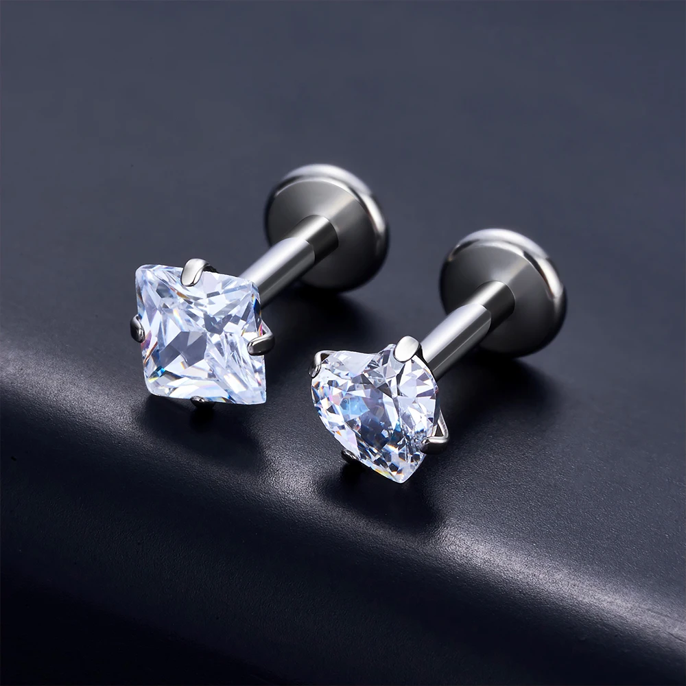 10Pcs/lot G23 Titanium Piercing Heart  CZ Labret Ear Stud Earrings For Women Square Shape Lip Stud Body Jewelry Helix Tragus