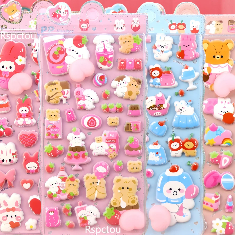 

4 шт. милые мягкие наклейки-стикеры в виде медвежонка и кролика, забавные креативные игрушки для снятия стресса, для творчества, на ноутбук, чемодан, блокнот, милые пузырьковые наклейки