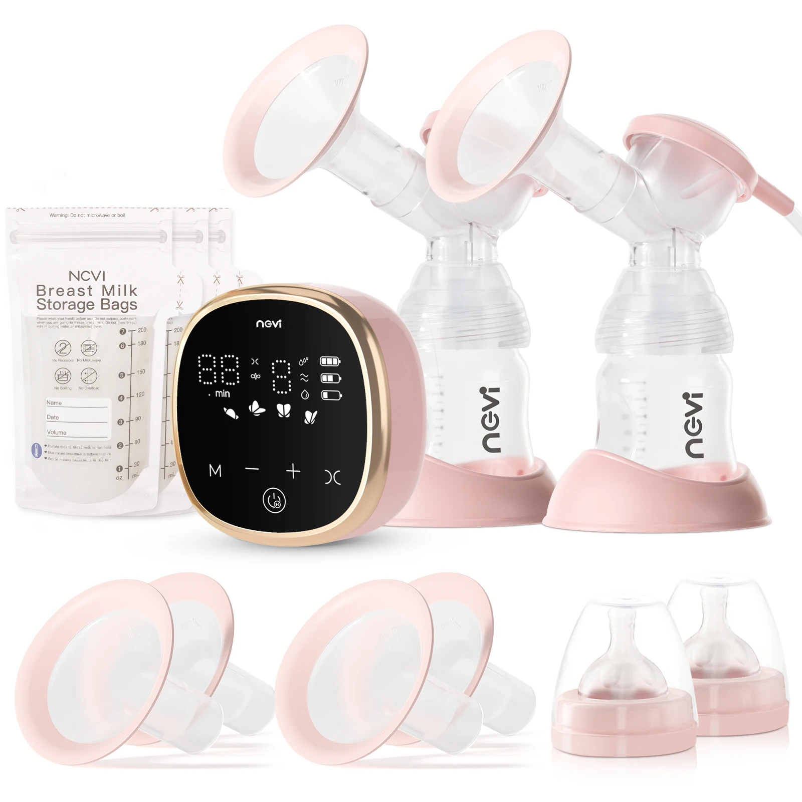 NCVI-extractor de leche materna eléctrico doble, dispositivo portátil antireflujo, Con 4 modos y 9 niveles, con 10 bolsas de almacenamiento de leche materna, poco ruido