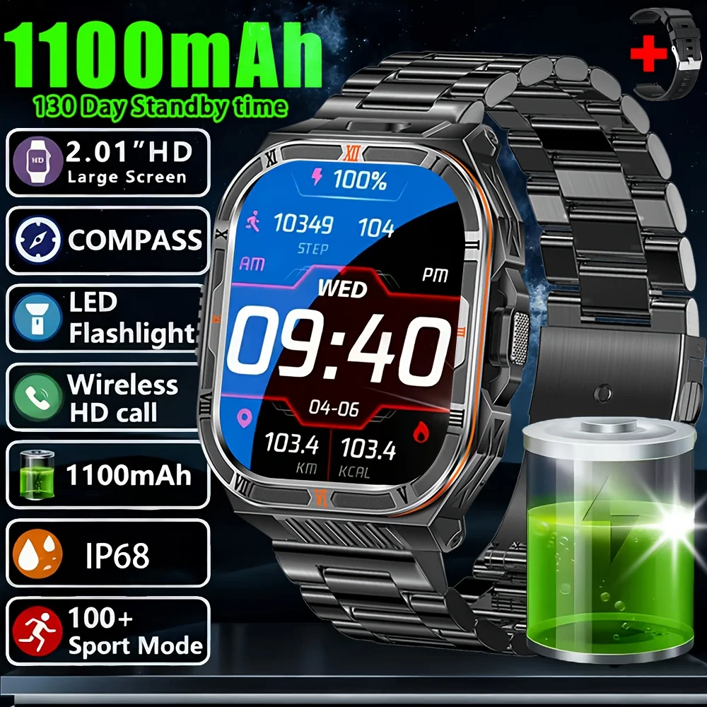 

1100 мАч военные уличные умные часы мужские 2,01-дюймовый большой дисплей компас спортивные часы IP68 водонепроницаемые Bluetooth умные часы с вызовом