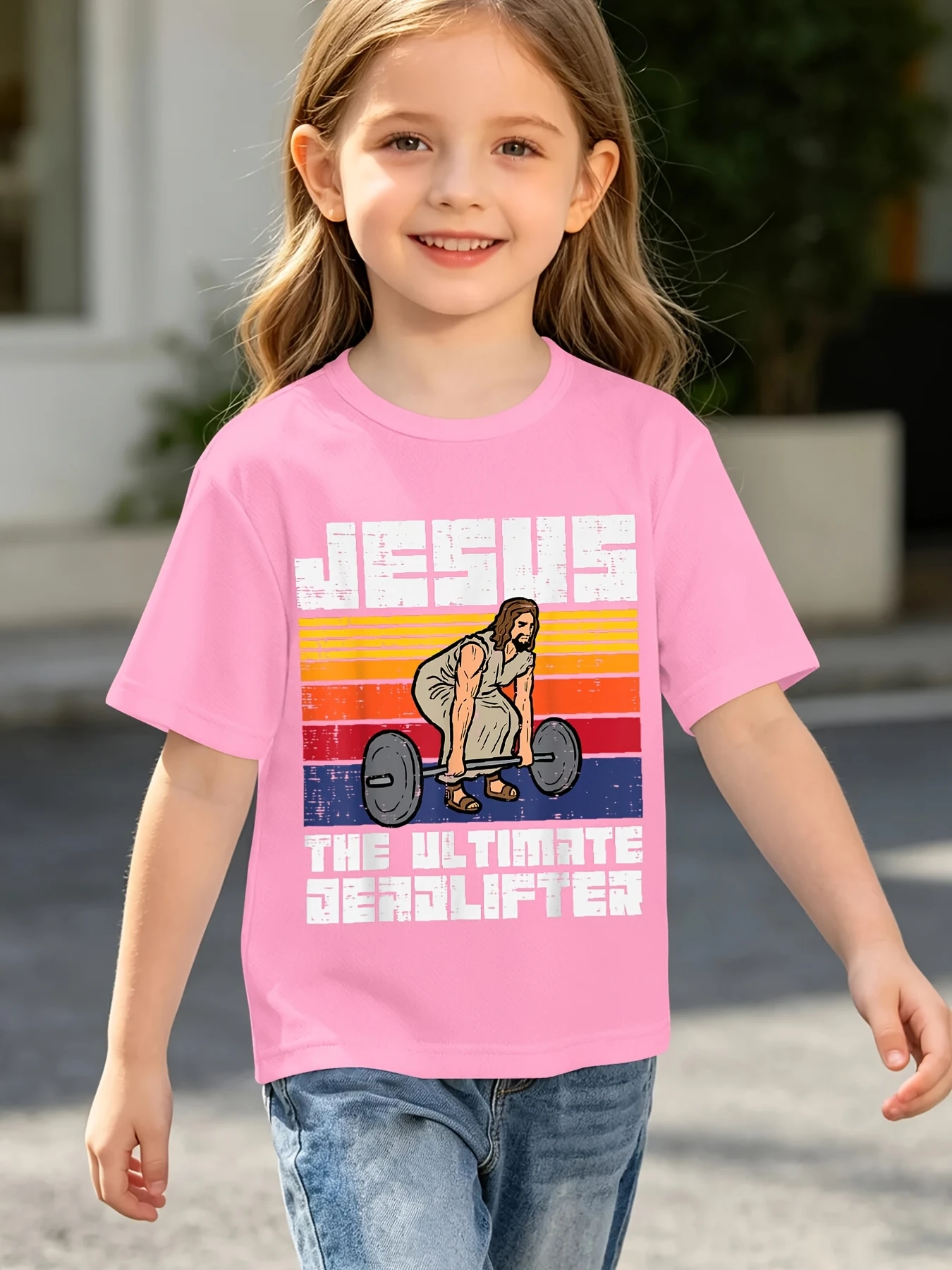 Jesus The Ultimate  Retro Striped Weightlifting Graphic Print T Shirt Family Matching Boys Girls Kids Short Sleeve Daily Tees