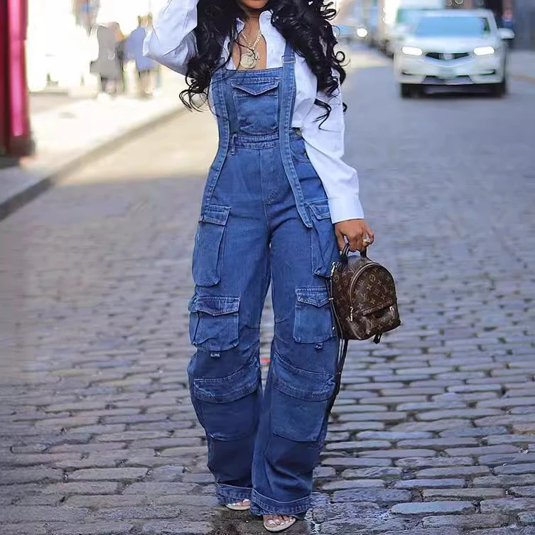 Jumpsuits Denim Women Overalls Suspenders Solid Straight Long Pants Loose Casual Regular Sling One Piece High Waist Pockets