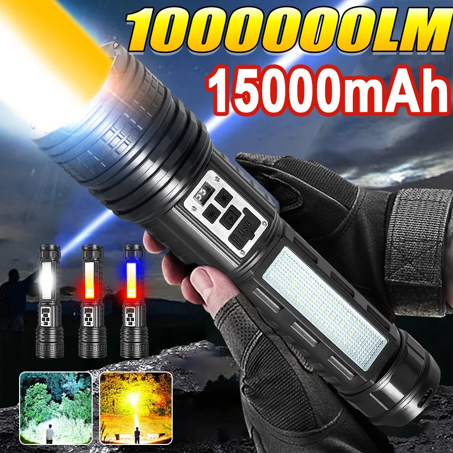 

2025 Super Big Flashlight Rechargeable 15000mAh Most Strong LED Flash Light Long Range Torch Zoom Outdoor Digital Power Display