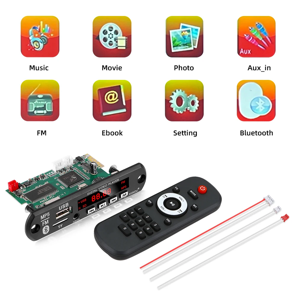 Bluetooth 5.0 MP3 Decoder Board DC 5V 12V MP4 MP3 Player MP5 Decoding 4K videos HD 1080P USB TF Car Audio FM Radio Module