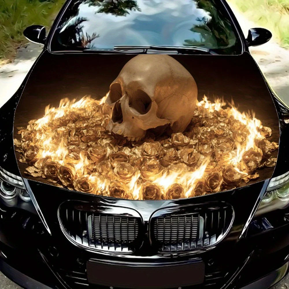 

Skull in Flames and Roses print,car hood stickers,PVC waterproof Self adhesive car hood sticker,car hood decoration protection s